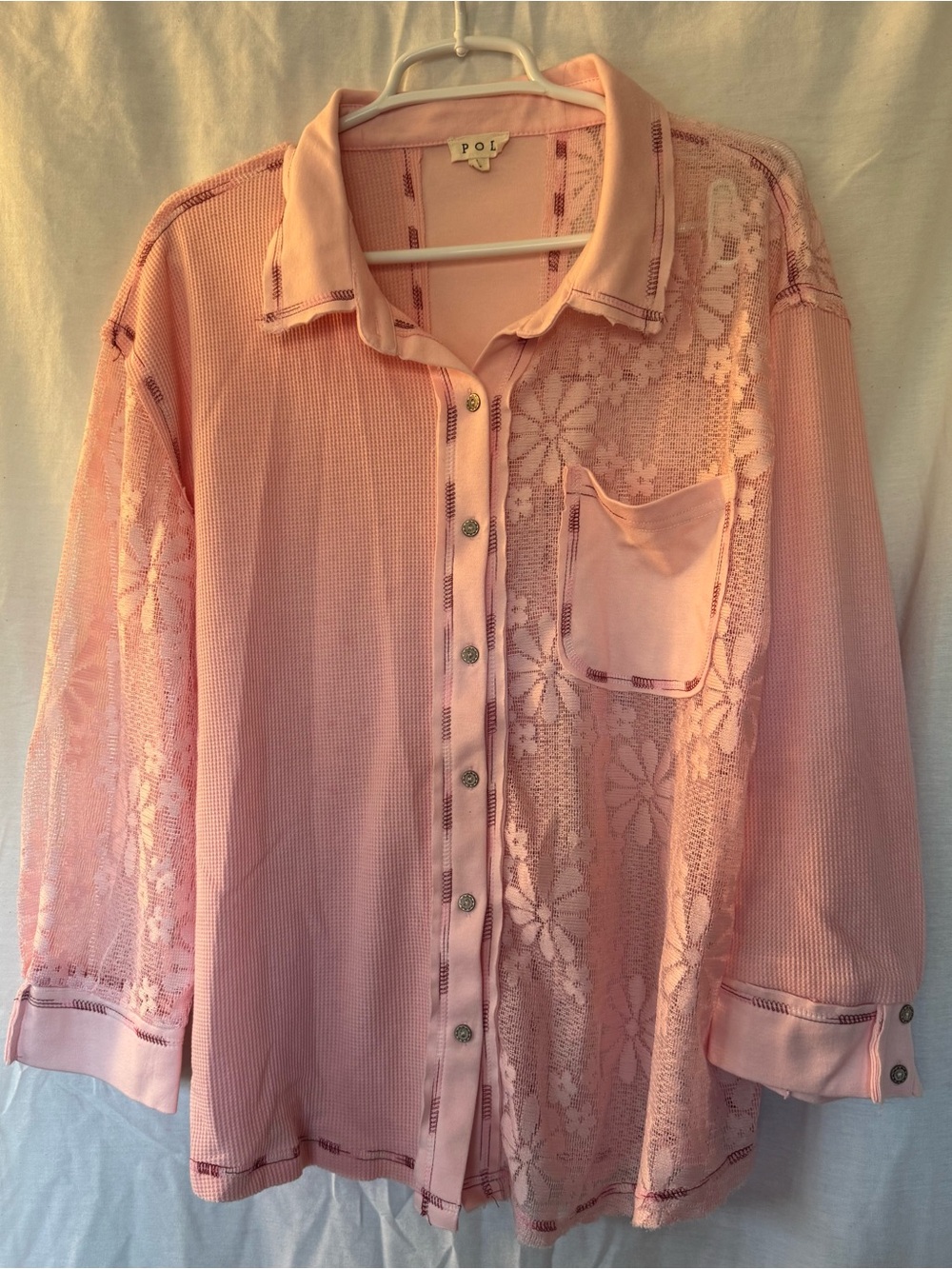 NWOT POL Pink Mixed Media Floral Lace Button-Down Top Large